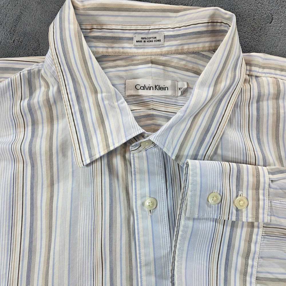Calvin Klein Mens Striped Button Down Shirt XXL Blue Tan 100% Cotton Long Sleeve